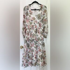 Maison Tara Floral Smocked Waist V Neck Sheer 3/4 Sleeve Lined Dress Size 14W